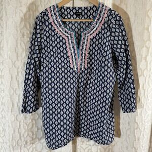 Talbots Embroidered Blue Cotton Linen Peasant Top Size L